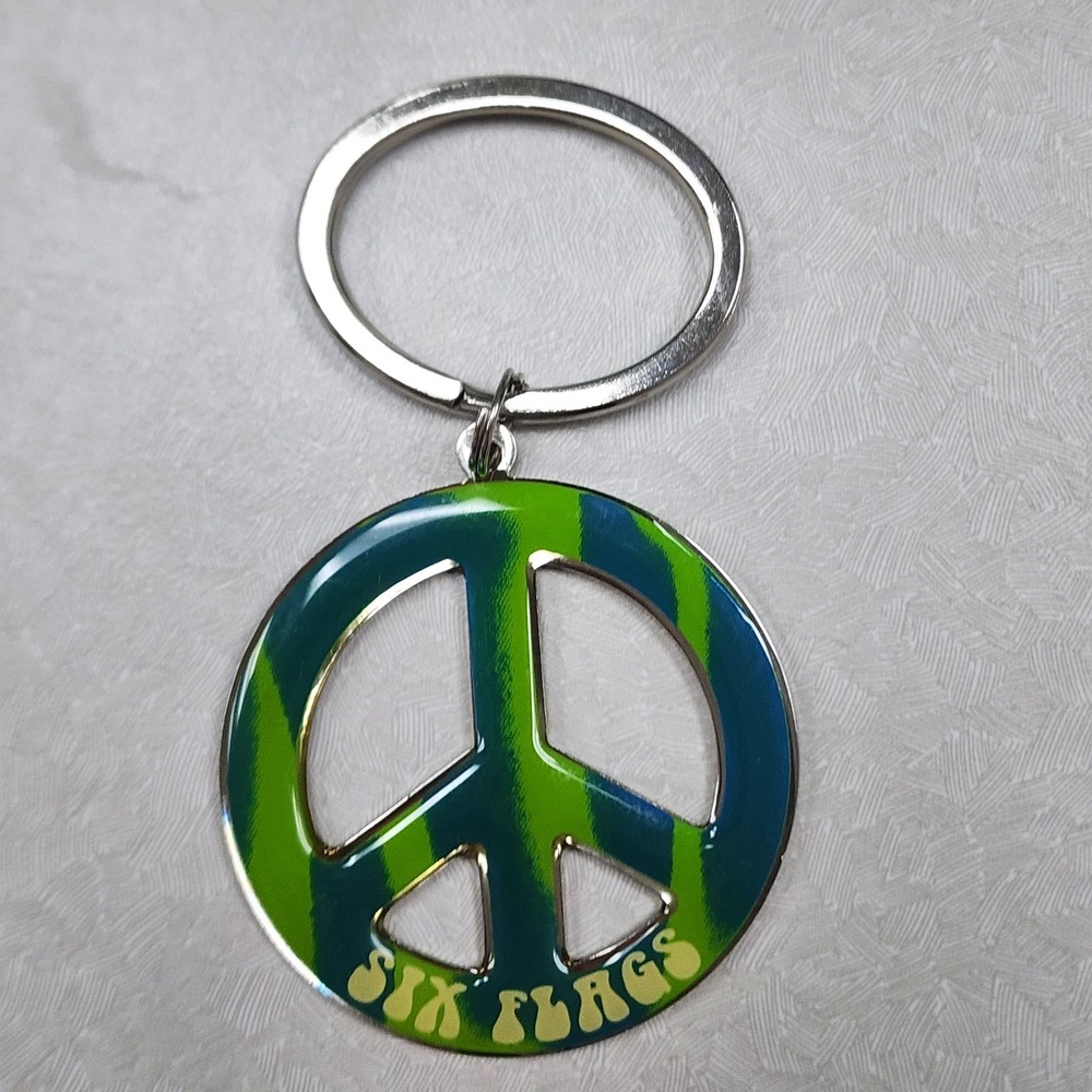 Vintage 90s Six Flags Souvenir Keychain Peace Sign Tie Dye Keyring Enamel Metal